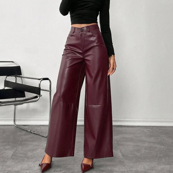 Burgundy Elegant Women's faux Leather Minimalist Plain Front-Button Pants - Picture 1 of 6